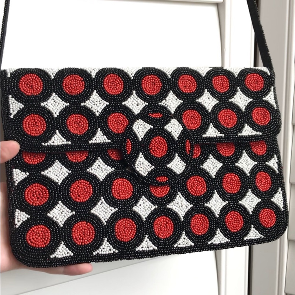 Glass Beaded Crossbody Handbag | Red, Black & White | Vintage